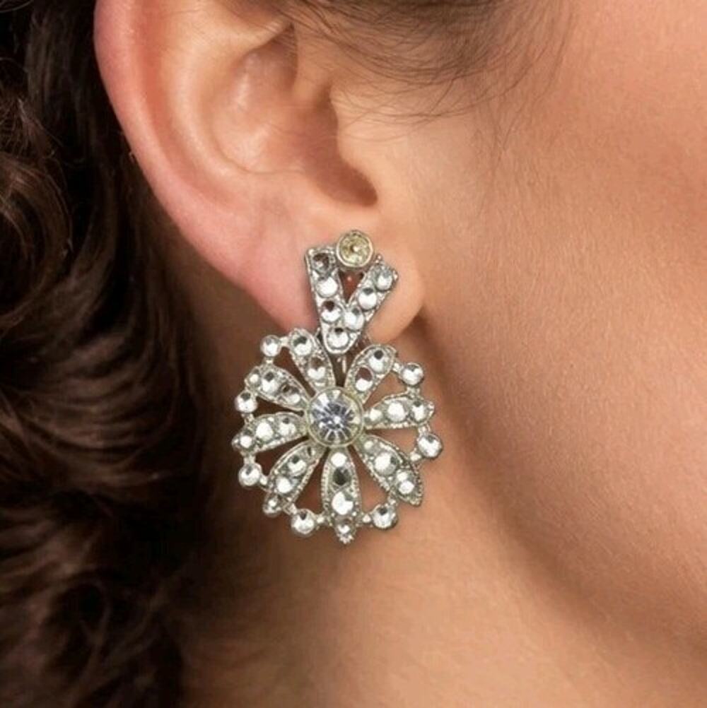 Vintage 1930s Art Deco Pot Metal Paste Rhinestone Screwback Dangle Earrings